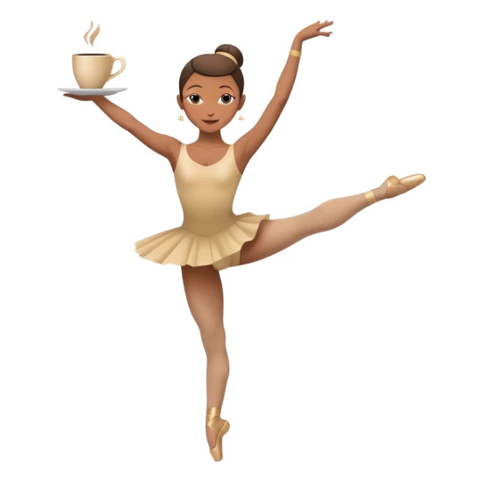 A dancer in a graceful pose with a coffee cup as a head sticker