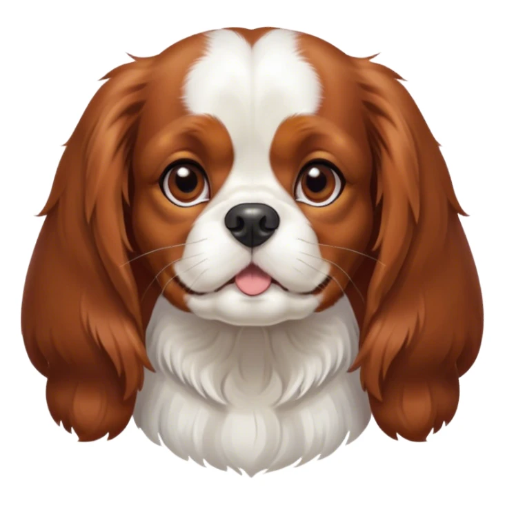 Cinematic Cute Blenheim Cavalier King Charles Spaniel Portrait Emoji, Head tilted playfully and inquisitively, silky Blenheim coat with warm chestnut and crisp white patches, round, sparkling brown eyes filled with curiosity, Simplified yet irresistibly adorable features, highly detailed, glowing with a warm, friendly glow, high shine, affectionate and lively, stylized with a touch of whimsy, bright and endearing, soft glowing outline, capturing the essence of a mischievous yet loving pup, so playful it feels like it could pounce out of the screen and into your arms! sticker