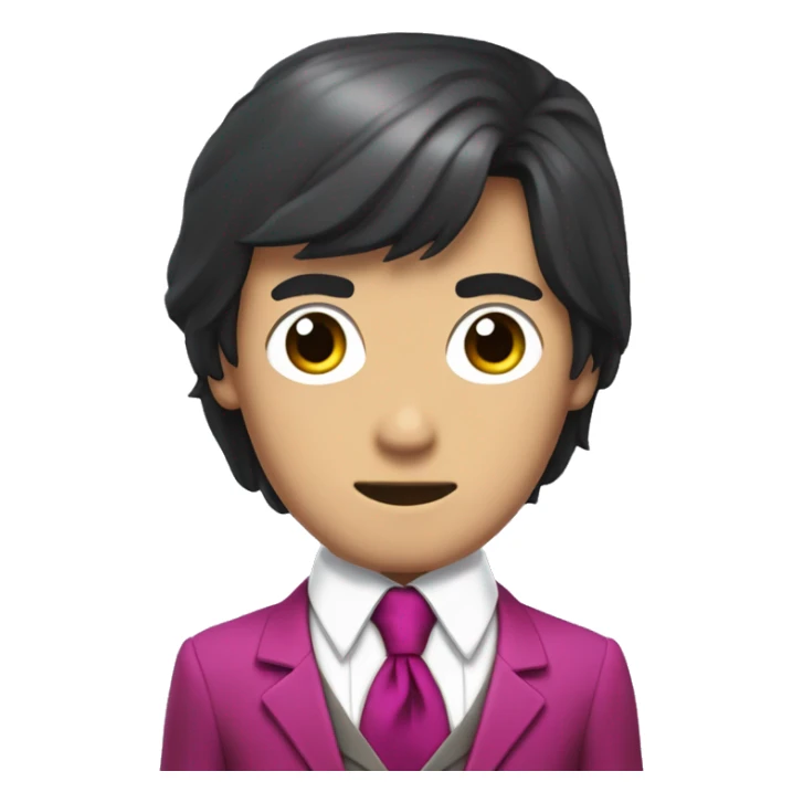 Miles Edgeworth, greyish-black hair with twin bangs framing his face in an 'M' shape, magenta suit, and a white cravat around his neck sticker