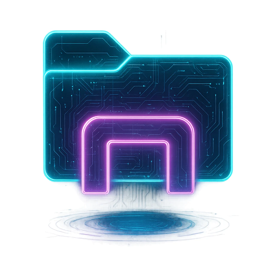 Transform the Windows file explorer icon into a cyberpunk-style icon with glowing neon edges, holographic effects, and futuristic details, as if displayed on a sci-fi hologram PC. Maintain a transparent background. sticker
