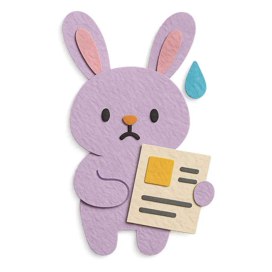 lavender bunny sweating and holding a report, paper-craft style sticker