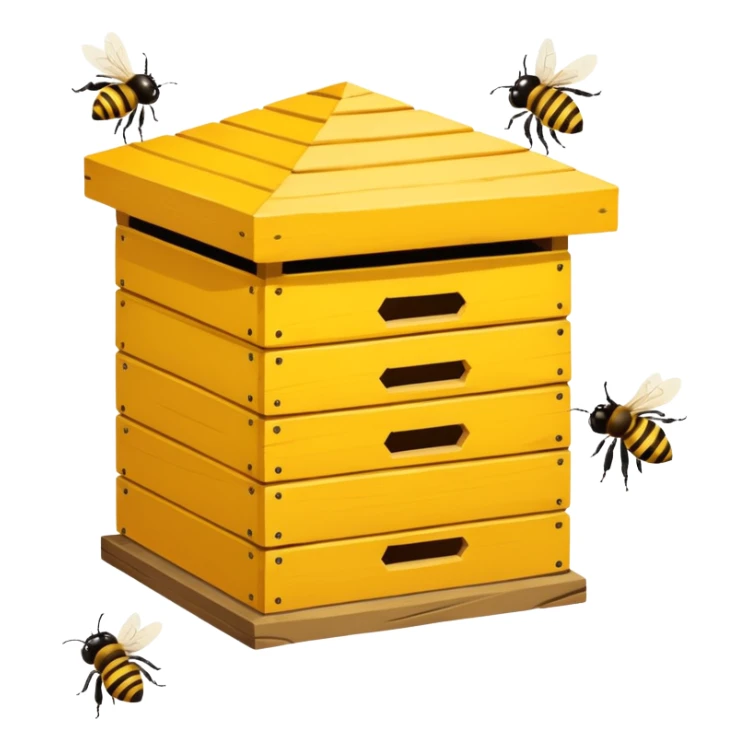 A wooden hive box with bees buzzing around the entrance. sticker
