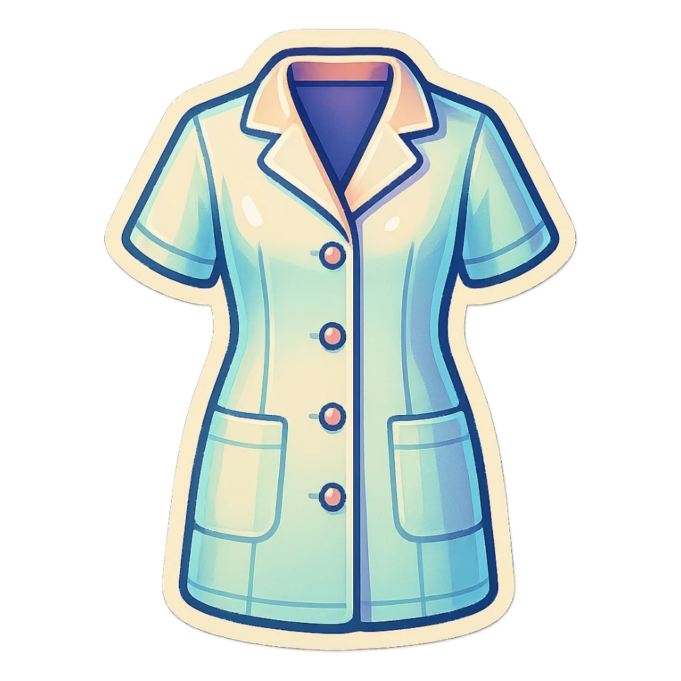 female medical coat with short sleeves full length, no girl, front view, retro stickers style, soft rounded shapes, clean contours, pastel palette, detailed shadows and highlights, modern illustration, transparent background sticker