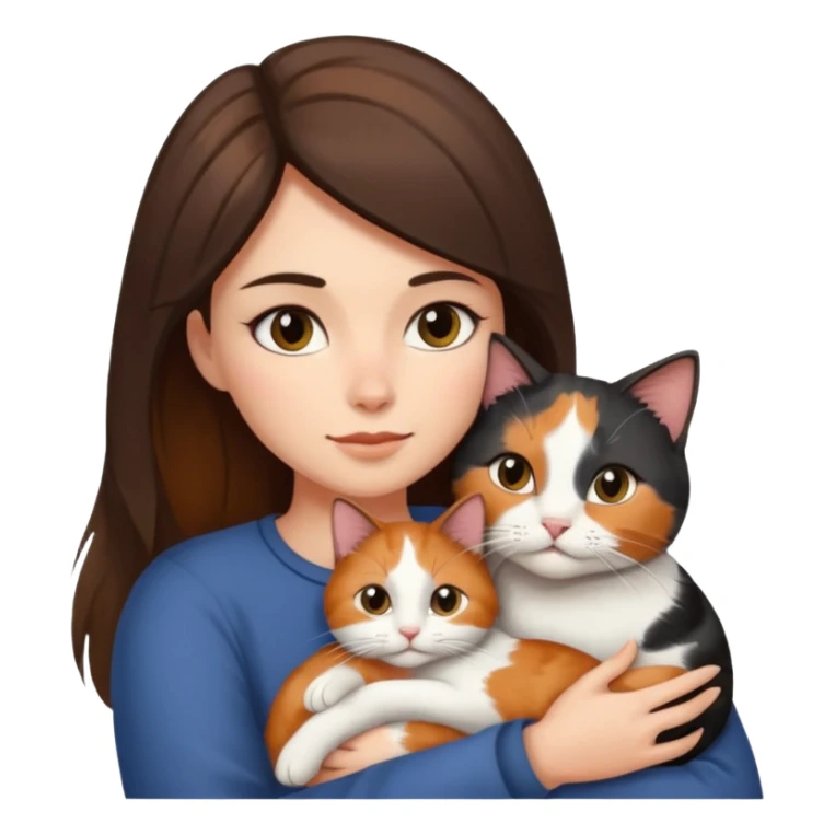 Brunette woman with long hair cuddling short haired calico cat sticker