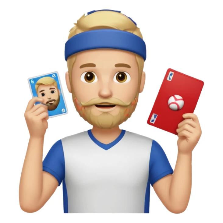 Blonde haired man with a beard holding up a sports card he loves sticker