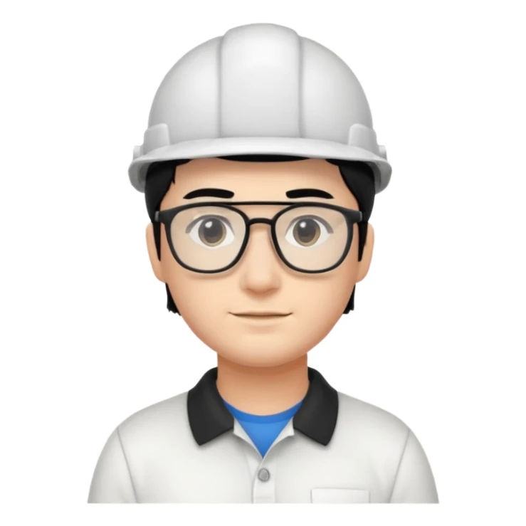 engineer wearing white polo, black hair with headgear sticker