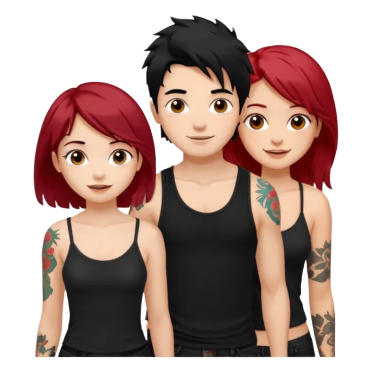 generate a fair boy with messy black hair, tattoos. standing beside a fair black haired girl wearing a black cami top and a tan girl with red hair sticker