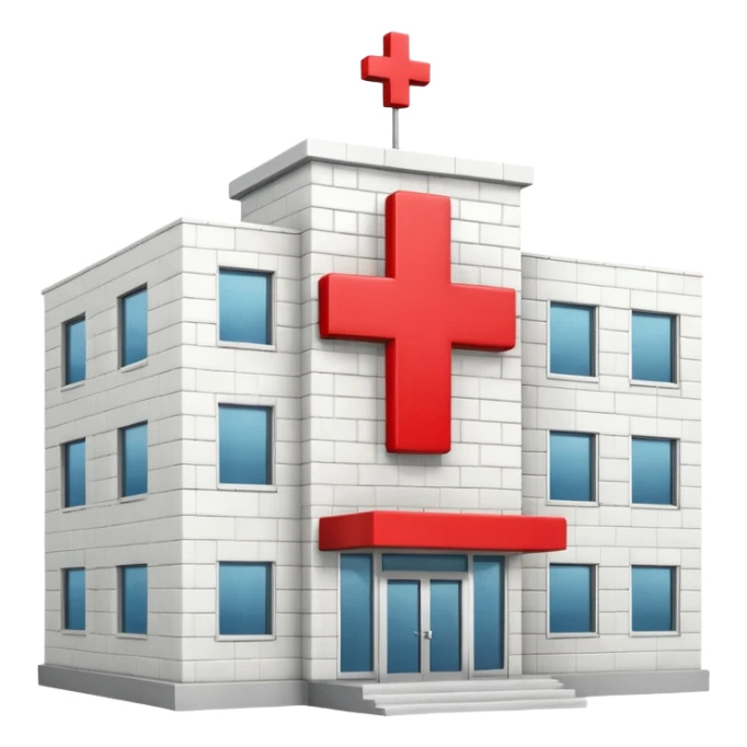 A hospital building with a large red +. In PNG format. sticker