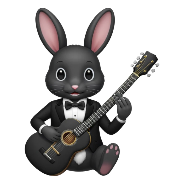 A black rabbit with white teeth and white eyes with a black bowtie holding a black guitar sticker