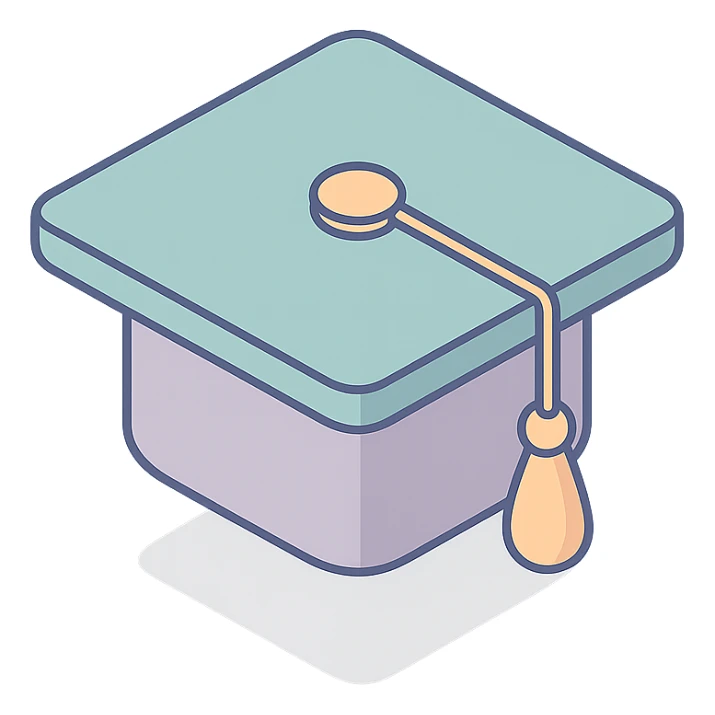 academic graduation cap with golden tassel, 2D isometric style, clean lines, soft shadows and highlights, minimalist eastern accent, pastel palette #98B5BC, #B5B3C1, #C9A3C9, #E4C0CA, #F7DCD1, #F7C0AA, transparent background sticker