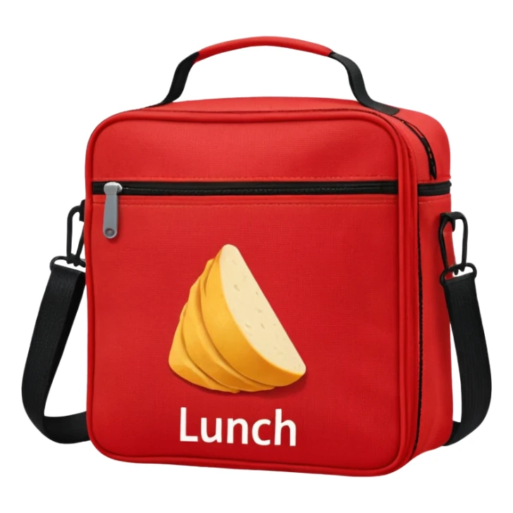 red lunch bag with the word lunch on it sticker
