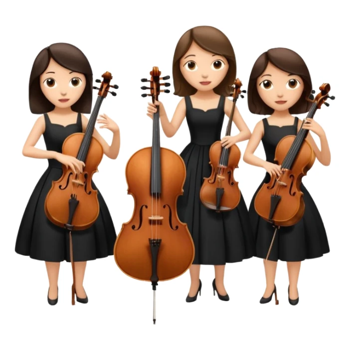 Create an imagine of three brunette women playing string instruments in black dresses, the first is playing a cello, the second is playing a viola and the third is playing the violin sticker