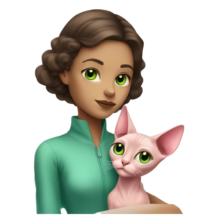 A brunette girl with blue eyes cuddles a pink sphinx cat with green eyes sticker