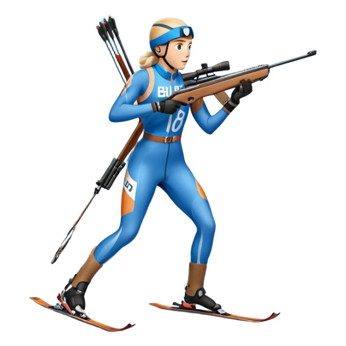 An icon featuring snow-covered trees, distant mountains, and a clear blue sky with a biathlete in motion, holding a rifle and skiing across a snowy course. Transparent background highlights the precision, endurance, and excitement of biathlon. sticker