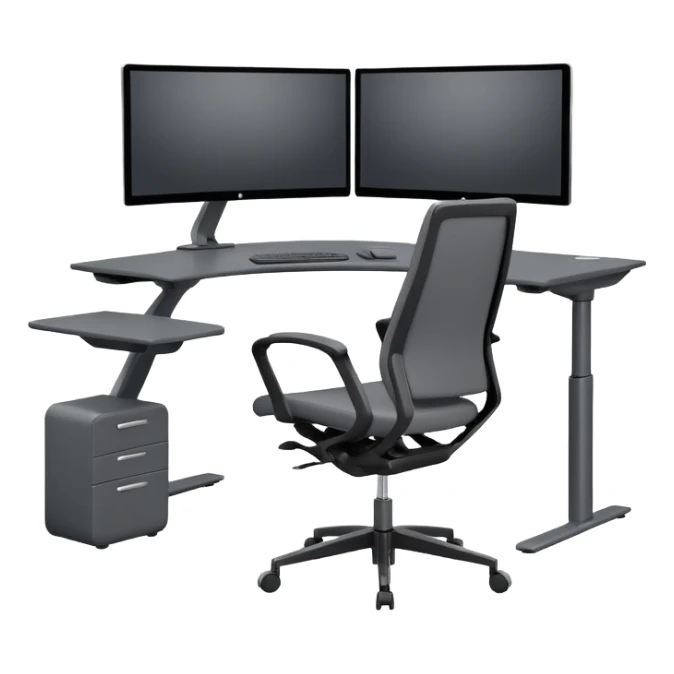 3D minimal icon of a wide height-adjustable motion desk with dual monitors and a modern ergonomic office chair, with a subtle accent in #FF3D00. Clean and high-end style. sticker