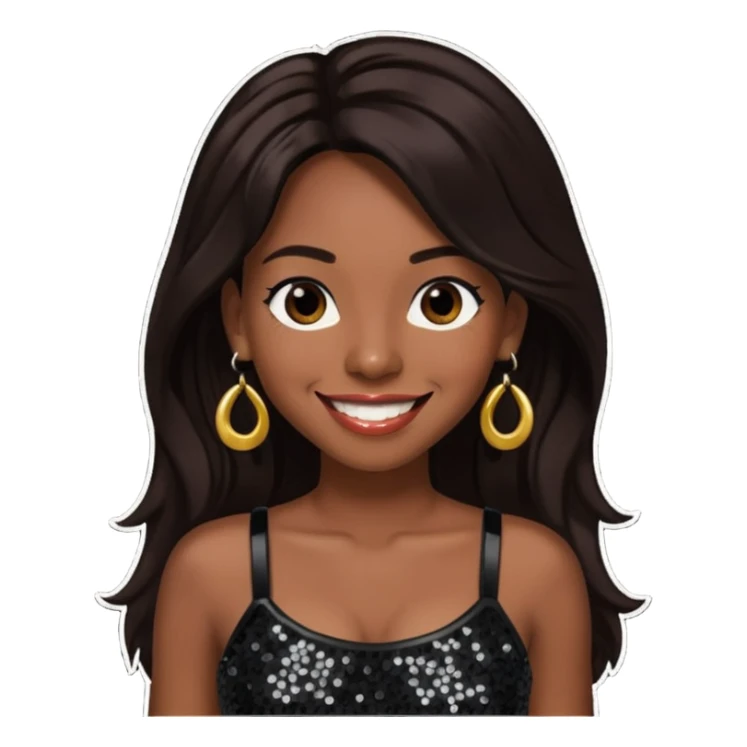 Chilli from TLC with long dark brown hair, black sequin crop top, black earring, dark skin sticker