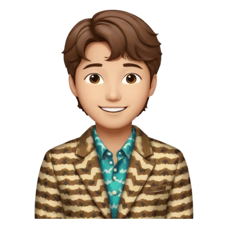 Design a Korean male idol with wavy brown hair, patterned jacket & cheerful smile, inspired by V of BTS. sticker