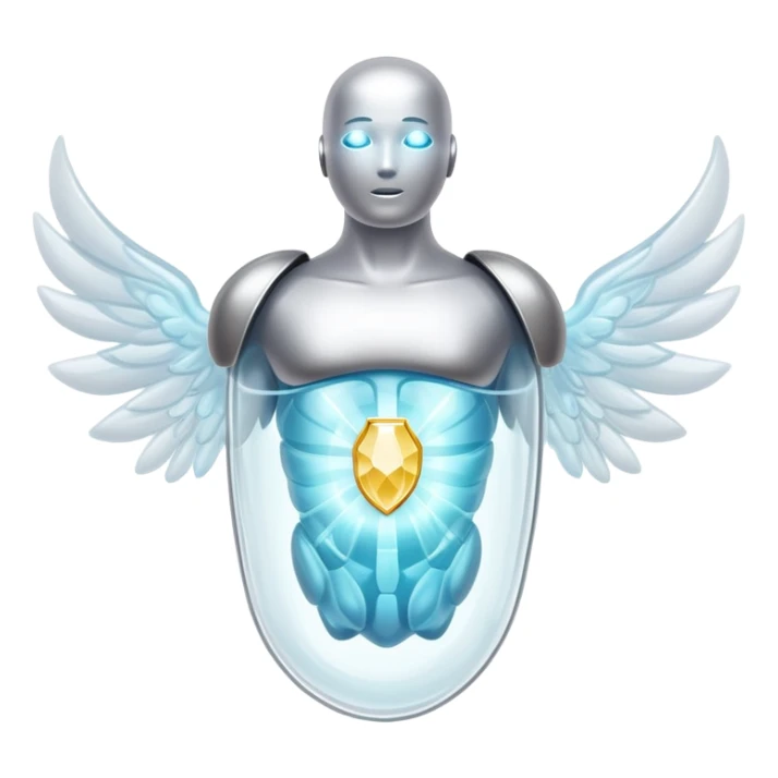 Silver semi-transparent capsule floating next to an ethereal glowing immune system figure, with a small shining shield over a luminous thyroid gland sticker
