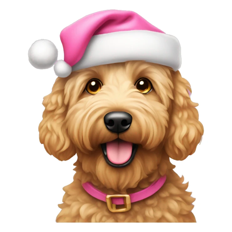 Golden doodle wearing pink Santa hat sticker