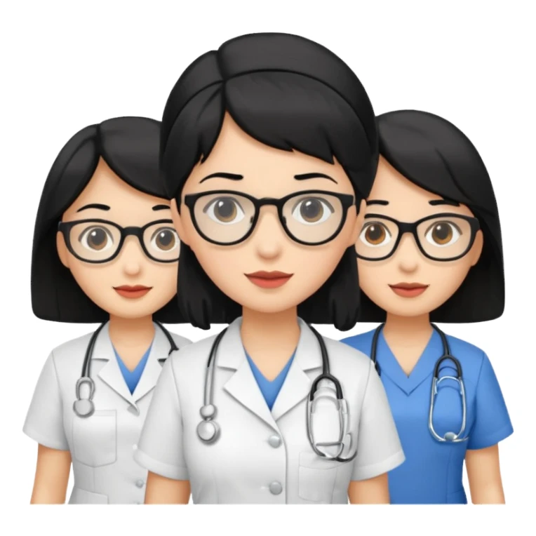 Genera emogis de 4 cuatro enfermeras de cabello negro, una con lentes sticker