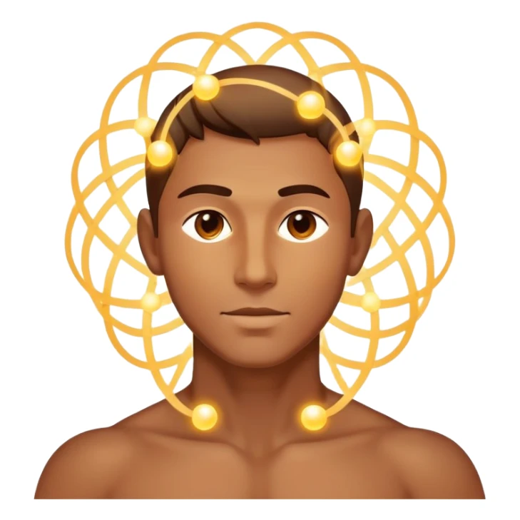 luminous male silhouette surrounded by flowing interconnected lines and softly glowing orbs with radiant core at head and heart sticker