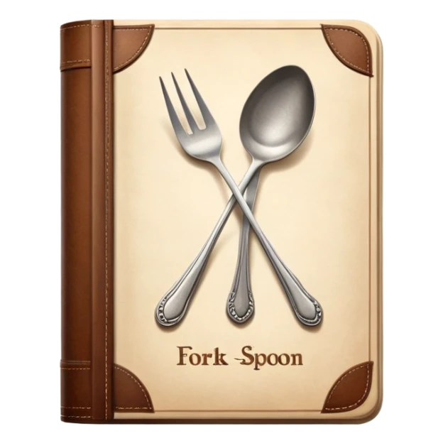 Cookbook with crossed fork and spoon emblem on its cover, recipe collection sticker
