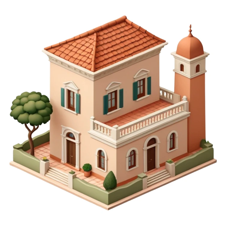 Italian villa, isometric dollhouse-style, realistic sticker