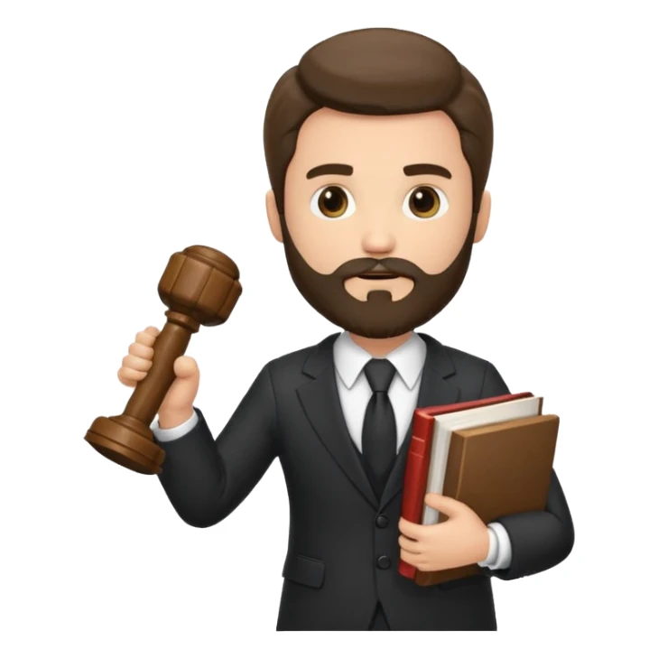 Create a male lawyer. he is wearing a fromal suit jckeret. He is holding a gavel in one hand and a book tucked under his another arm. He has beard. And the hair is kinda darker but not black sticker