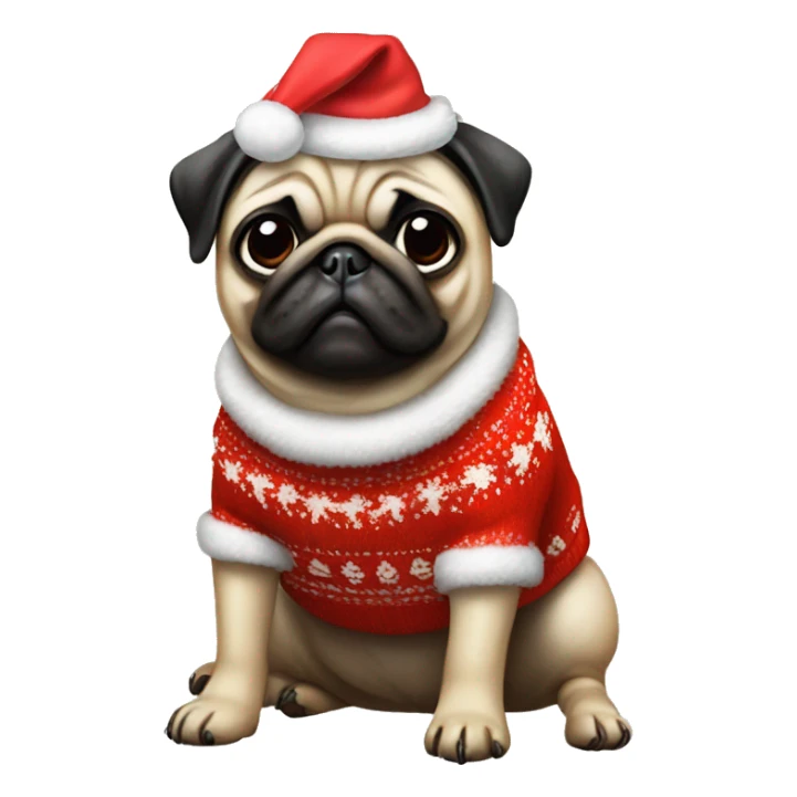Pug with a red bow on its head and a Christmas sweater sticker