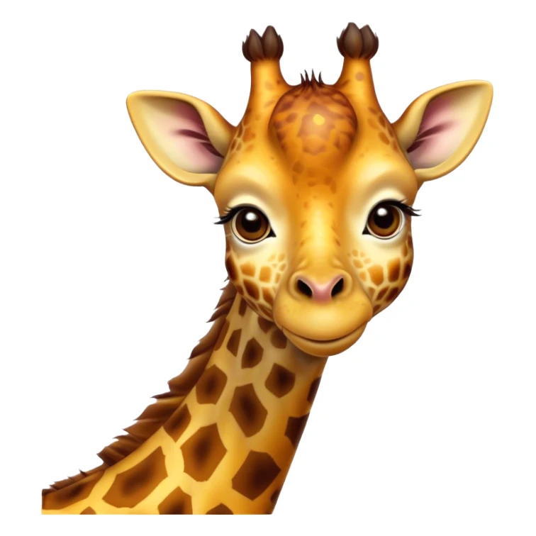 Cinematic Cute Giraffe Portrait Emoji, Head tilted playfully and inquisitively, featuring a glossy, patterned Fur of warm yellows and browns with delicate white spots, round, sparkling eyes filled with curious wonder, Simplified yet irresistibly adorable features, highly detailed, glowing with a warm, friendly glow, high shine, affectionate and gentle, stylized with a touch of savannah whimsy, bright and endearing, soft glowing outline, capturing the essence of a mischievous yet loving giraffe, so playful it feels like it could gallop out of the screen and into your arms! sticker
