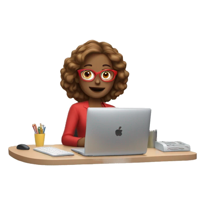  woman waving in front of computer, light brown hair up, red glasses sticker