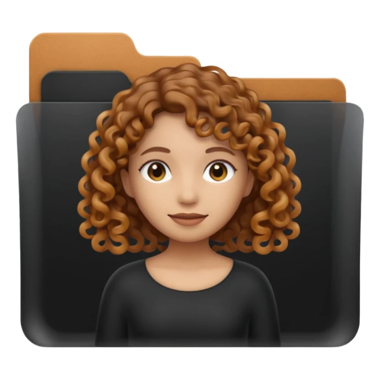 A **simple emoji-style icon** of a **black transparent plastic folder**, sleek and minimal, with **rounded corners**, subtle translucency, soft shading, and a **small logo of a canela-skinned girl with curly hair** on the front.
 sticker