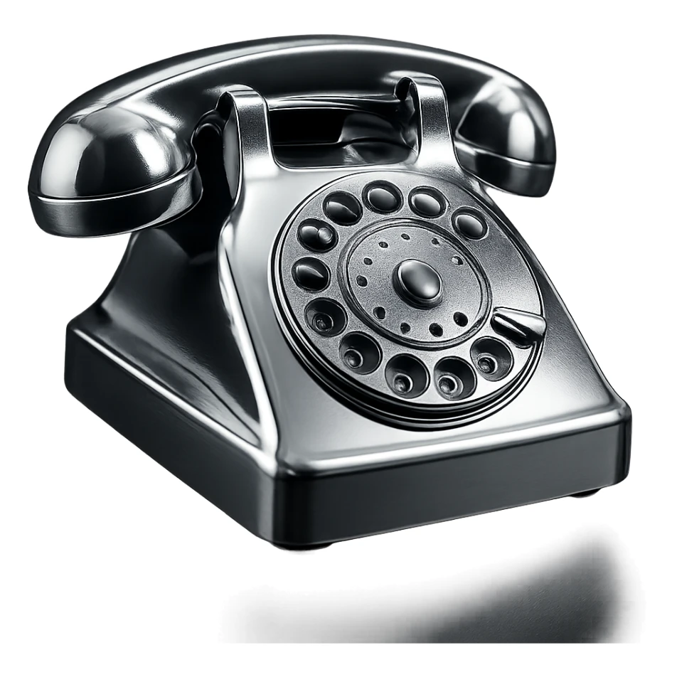 an analog disk phone made entirely of chrome, highly reflective, chrome style, shiny metallic, gleaming sticker