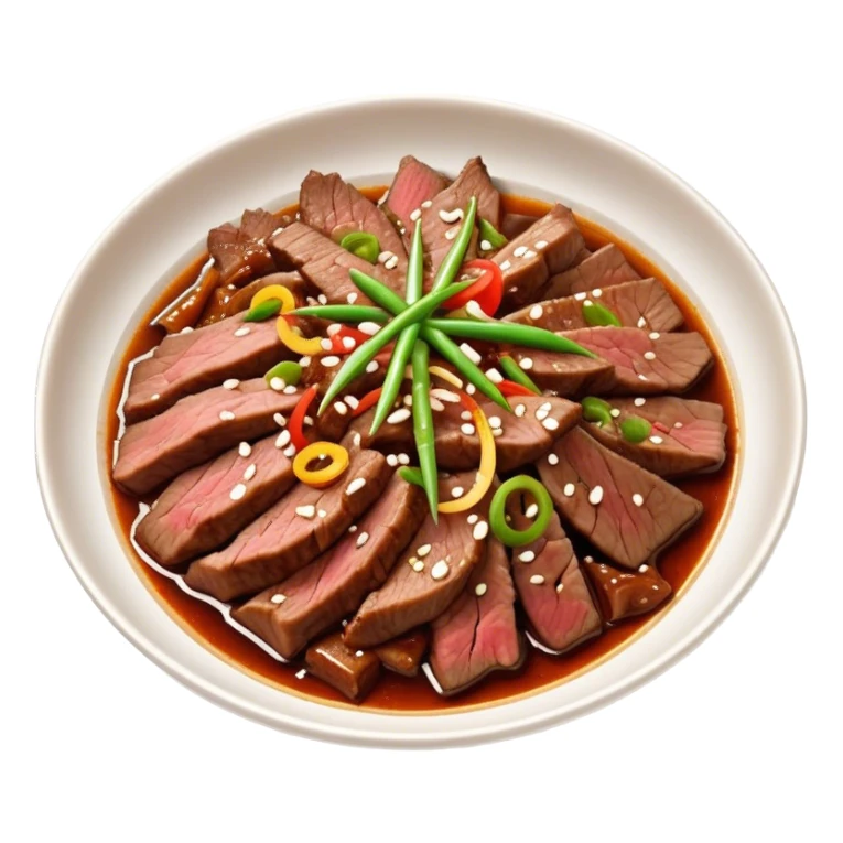 Bulgogi Cinematic Realistic Bulgogi Dish Emoji, depicted as thinly sliced, marinated beef stir-fried to perfection, rendered with dynamic textures and vibrant, appetizing lighting. sticker