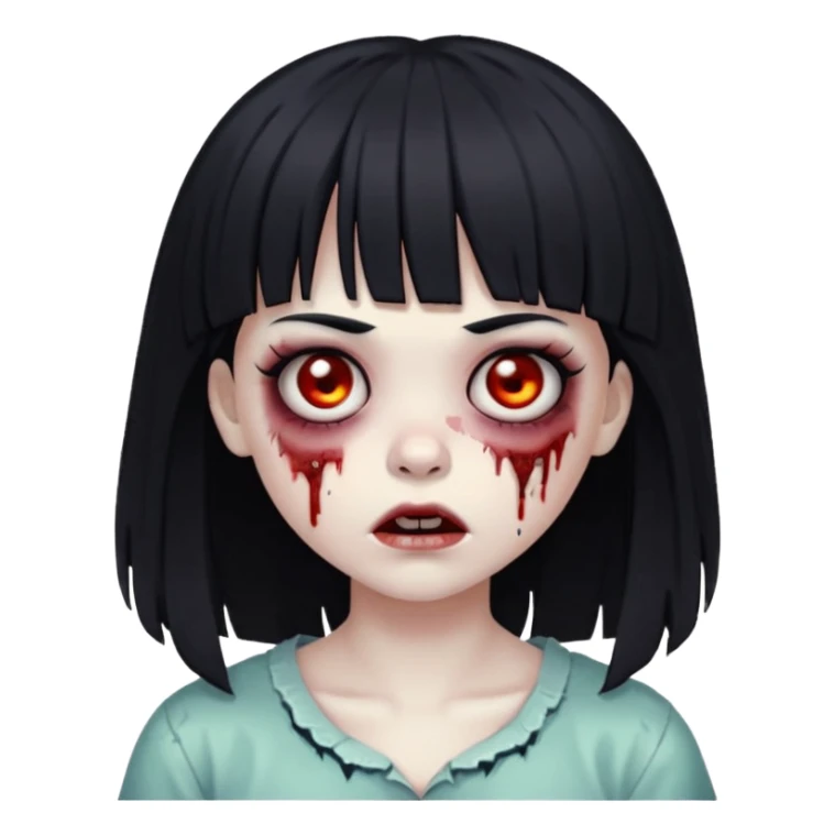 Make a zombie girl with black eyes and black hair with bangs sticker