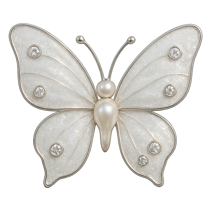 single pearl white butterfly, shimmering white enamel, sparkling gems, transparent background sticker