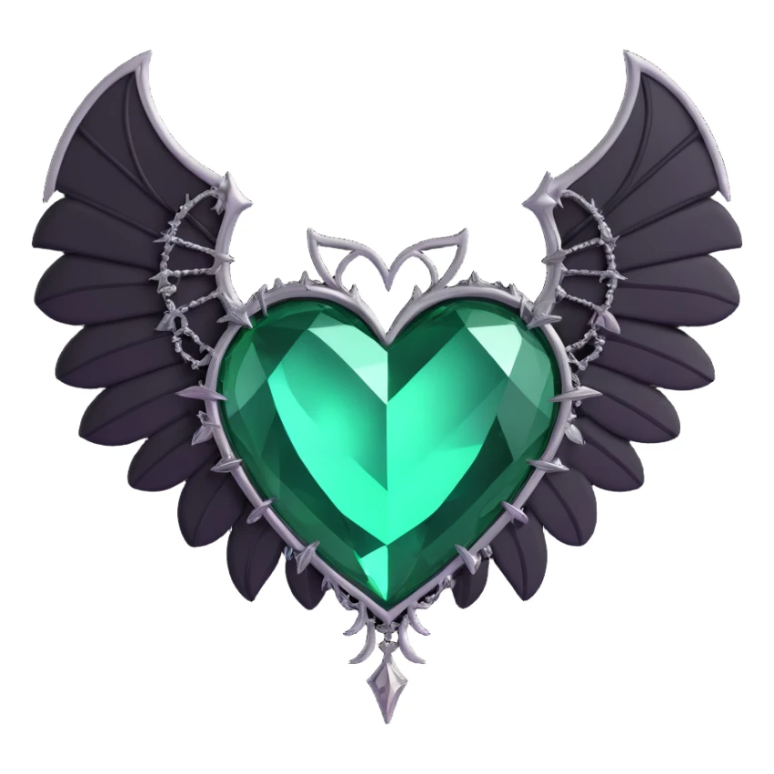 3D emoji gothic heart, emerald green crystal, silver bat wings, feather accents, lush and gothic style sticker
