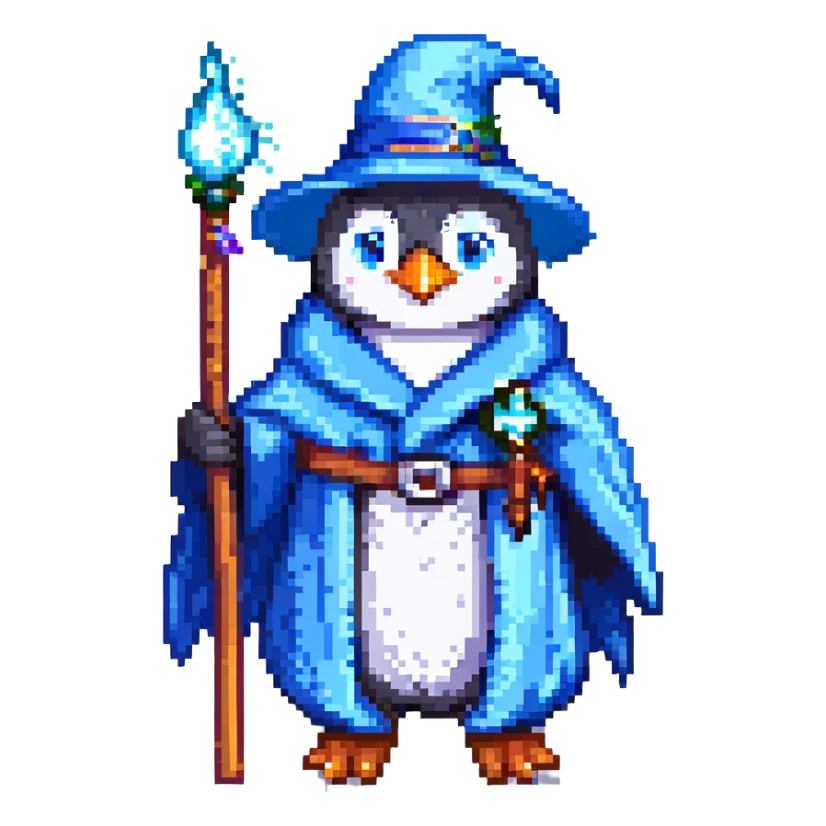 penguin wizard wearing a blue robe and holding a wand, pixel art style sticker