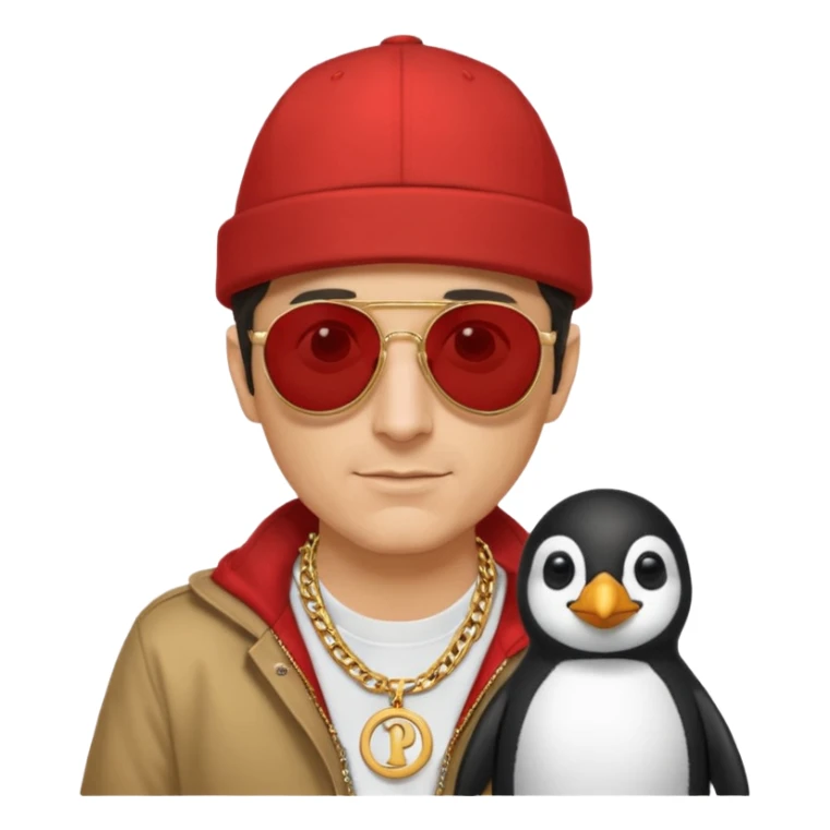 Mike D from Beastie Boys with dark sun glasses and large penguin medallion on gold chain and Red Hat with Mike D printed on hat sticker