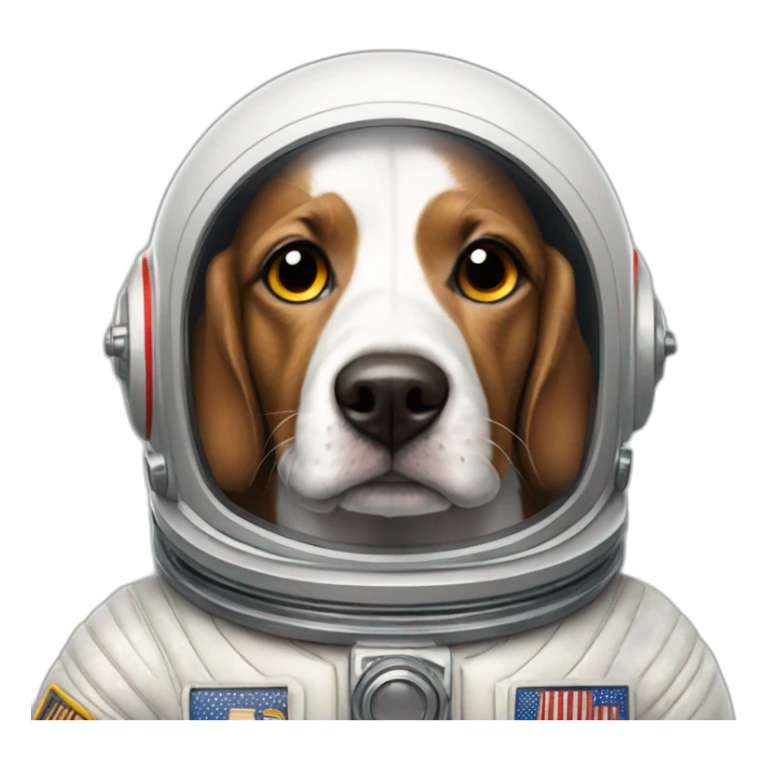 Speckled dog with white spots and a patch around the right eye, wearing an astronaut suit. sticker