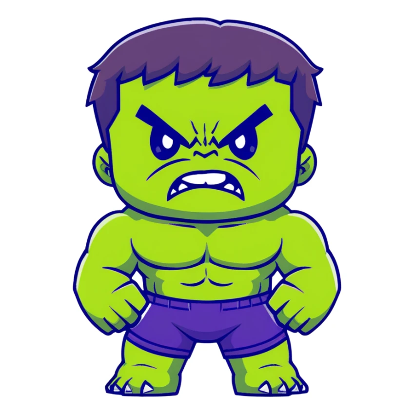 Chibi Hulk, cute small proportions, big head, tiny body, adorable angry expression, green skin, purple shorts sticker