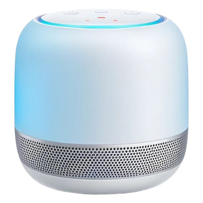 Modern Apple-style smart speaker, elegant and minimalist design with soft glow on top sticker