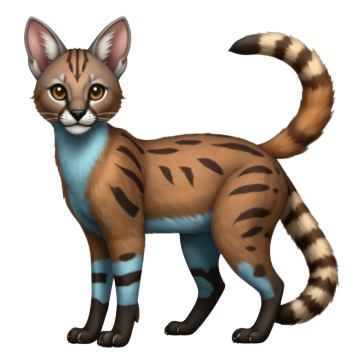 Realistic patterned marked edgy bluish greyish blackish whitish silvery coppery Shiny Colorful Glossy Genet-Caracal-Lion-Bobcat-fusion-animal-hybrid-creature, full body, tufted ears, long thin tufted tail sticker
