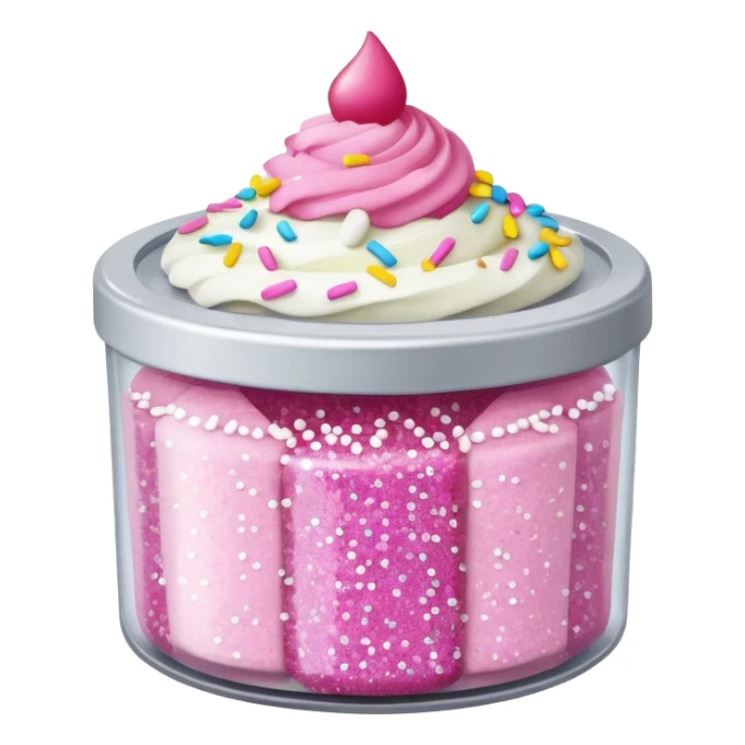 silver glitter in a small clear circular container with white lid, can of sprinkles, and pink cupcakes  sticker