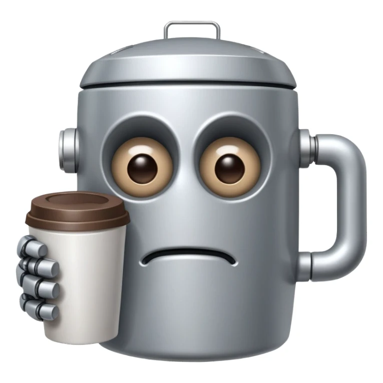 A sleepy robot with droopy eyes holding a coffee mug, looking exhausted sticker