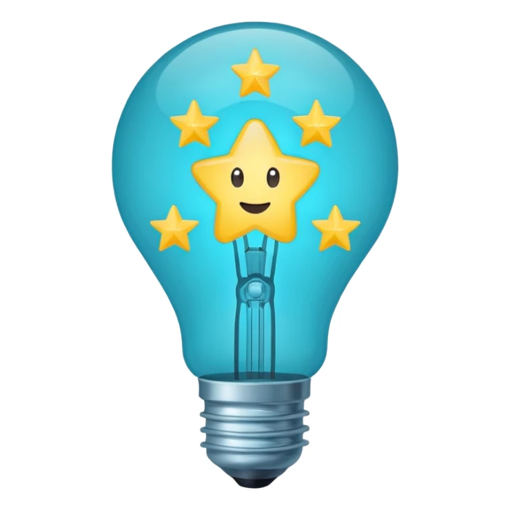 Light bulb icon with three small stars inside the bulb, flat emoji style, outline with blue and turquoise colors, white background sticker