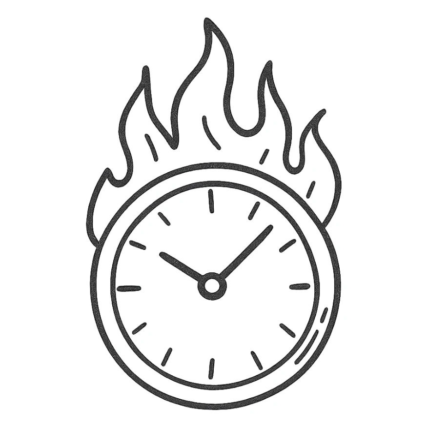 minimal hand-drawn outlined icon of a burning round clock with vivid flames, no fill sticker