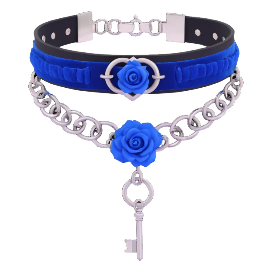 gothic choker with cobalt blue velvet band, silver chained lock, blue rose accent, rich and gothic sticker
