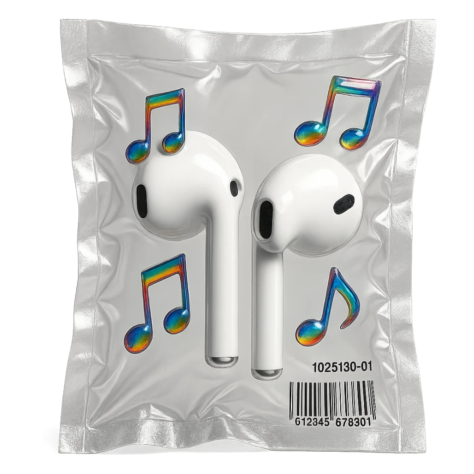 white EarPods headphones with three small rainbow glass music notes arranged around, glossy sticker