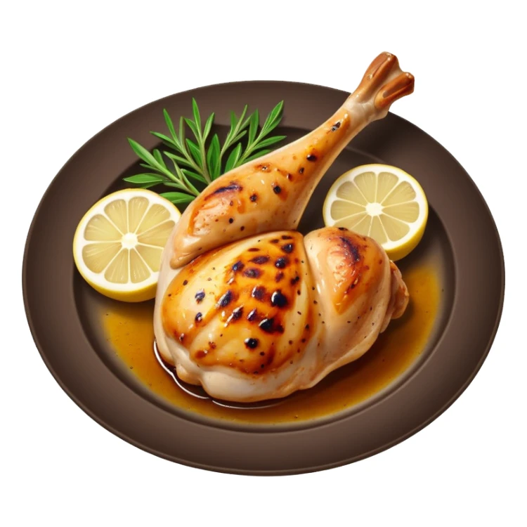 Draw a grilled chicken leg on a plate with herbs & lemon slices. sticker